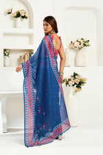 Thumbnail for Joban Fashion Navy Blue Kalamkari & Ajrakh Linen Ready To Wear Saree With Unstitched Blouse - Distacart