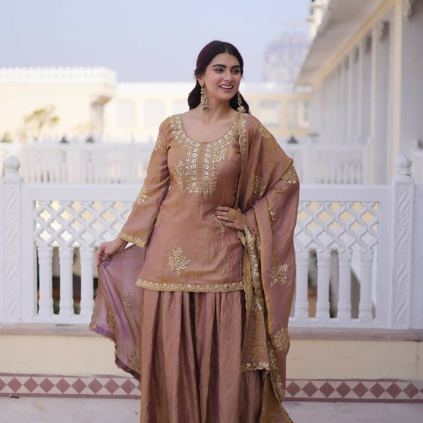 Teeya Creation Womens New Stylish Fendi Crush With Zari Sequins Embroidered Work Kurta Set - Dista
