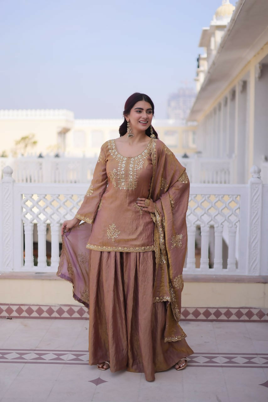 Teeya Creation Womens New Stylish Fendi Crush With Zari Sequins Embroidered Work Kurta Set - Dista