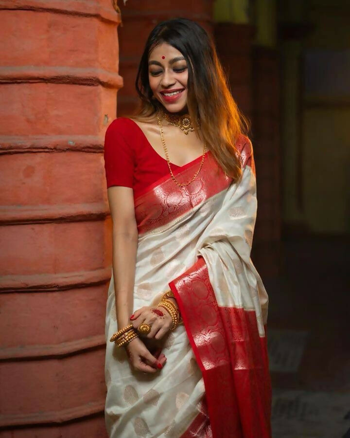 Preksha Creation Designer Women Banarasi Soft Silk Saree - White - Distacart