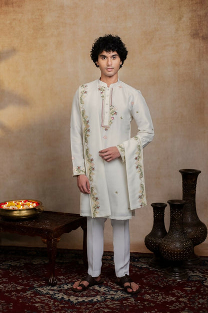 Falling Raw Silk Off White Geometric Symphony Kurta Set By Hilo Design - Distacart