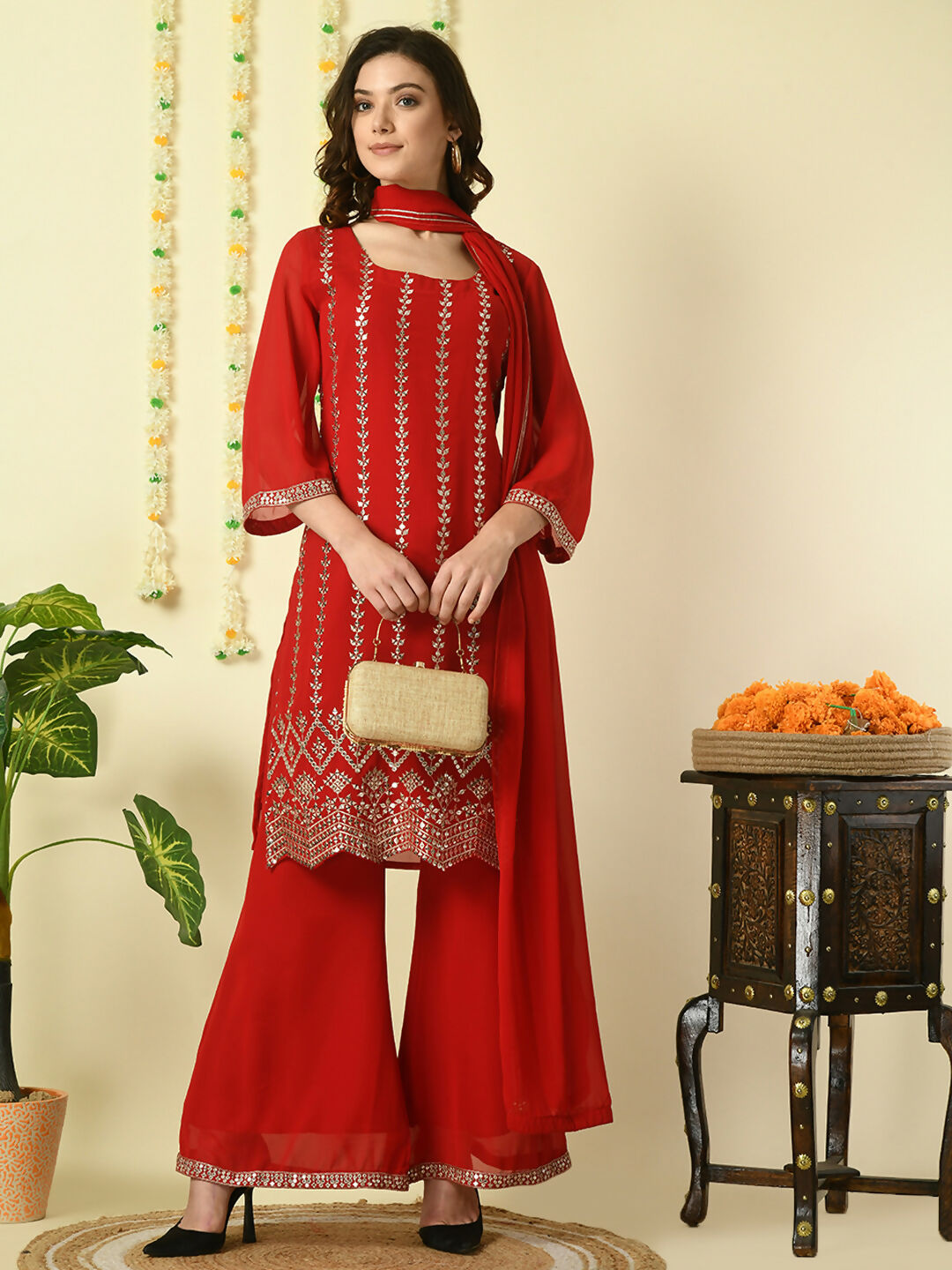 Myshka Women's Red Georgette Kurta & Palazzos With Dupatta Party Sets - Distacart