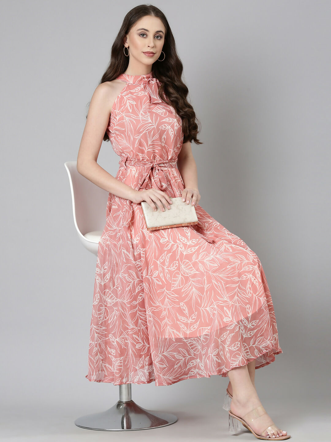 Souchii Peach Floral Chiffon Dress - Dista