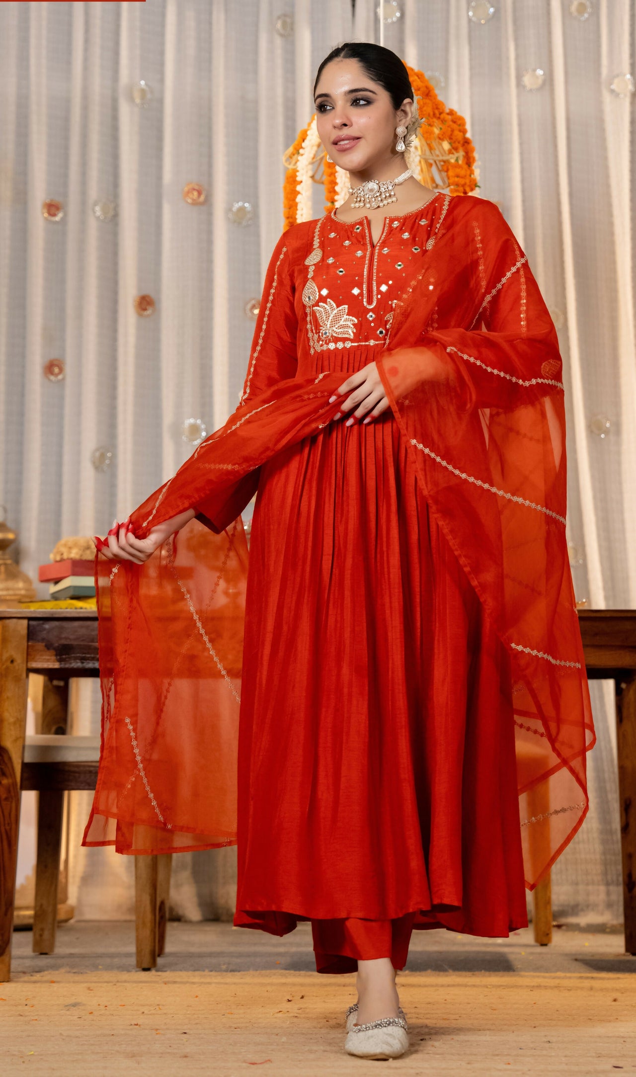 The52 Women's Gorgeous Embroidery Work Chanderi Silk Fabric Flared Kurta Pant and Dupatta Set - Dista