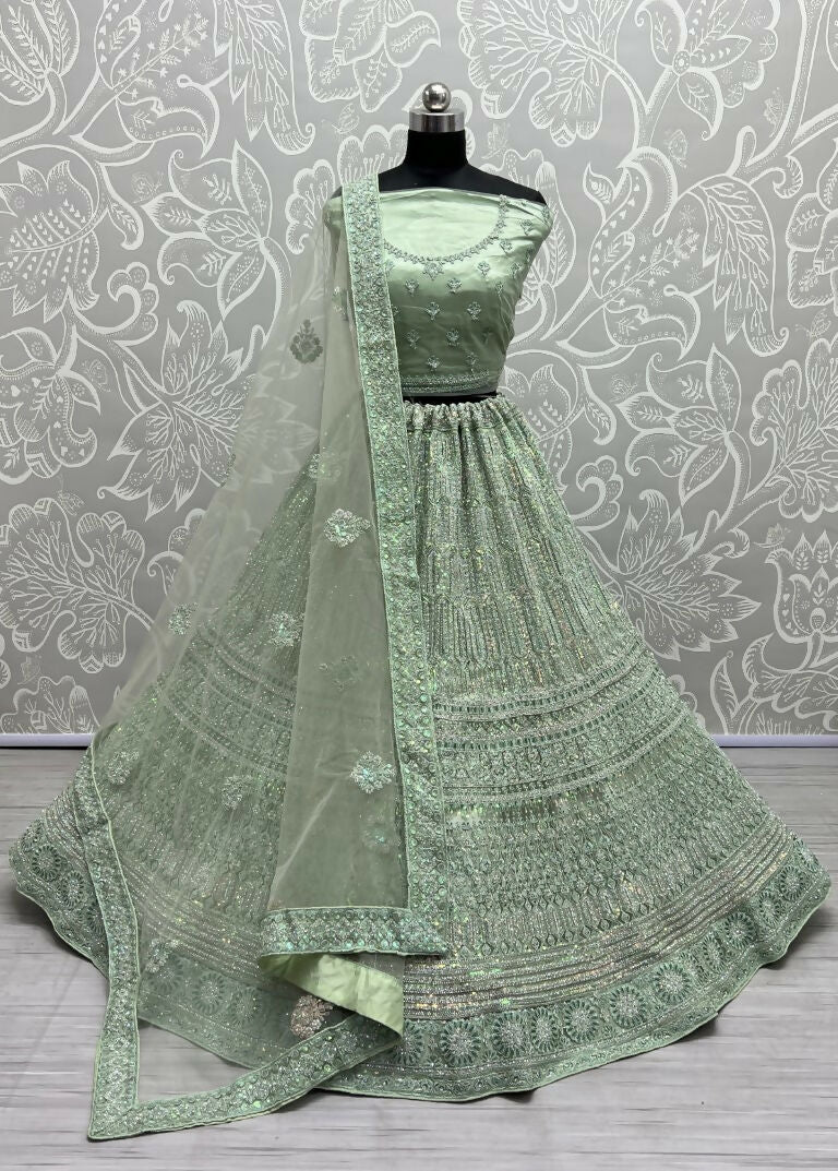 Jyoti Fashion Women's Pista Green Heavy Net Fancy Dori, Multi Thread, Rainbow Sequins and Diamond Work Wedding Lehenga Choli - Distacart
