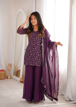Thumbnail for Teeya Creation Wine Color Crunchy Silk Party Wear Palazzo Set - Distacart