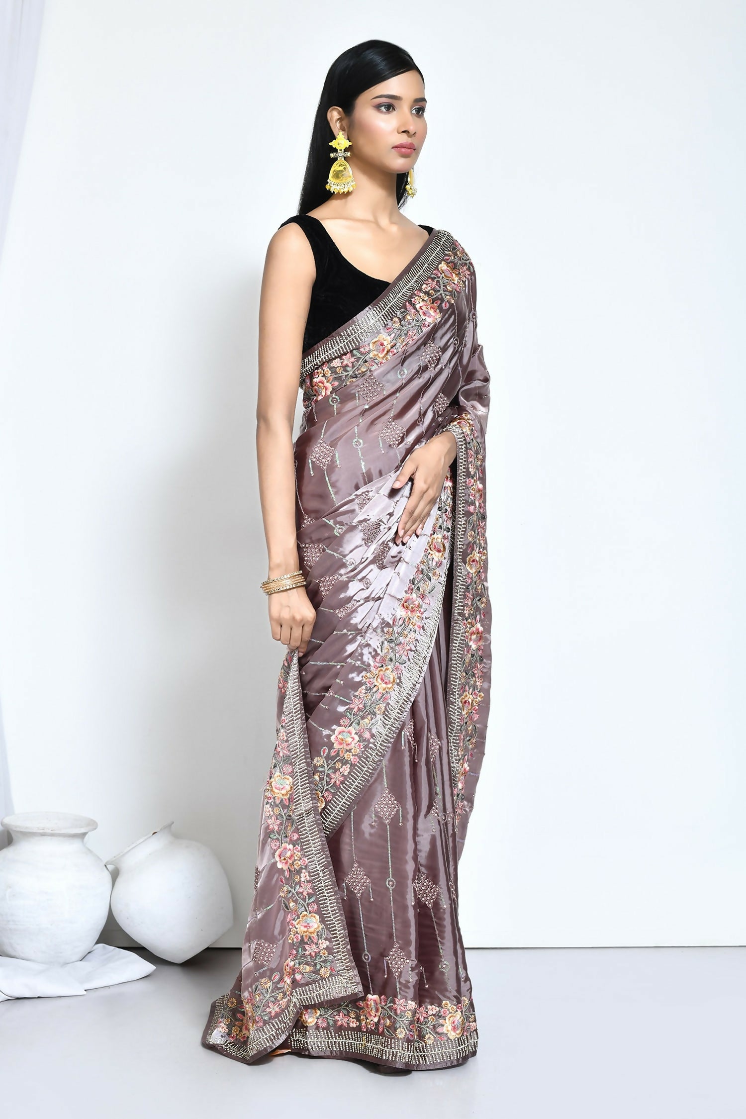 Purple Satin Silk Sequence Embroidered with Stone work Saree - Nimaya Benzy - Distacart