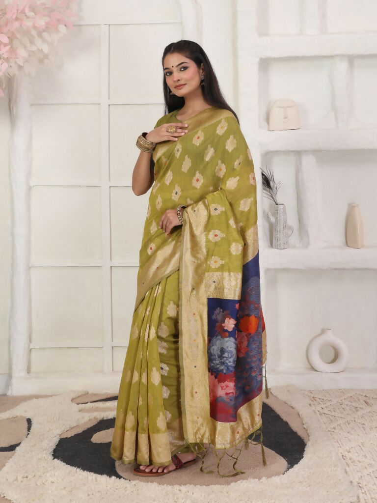 Shree Shyam Fashion Linen Cotton Mhendi Green Saree - Distacart