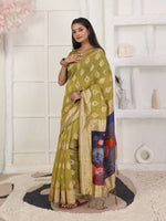 Thumbnail for Astita Linen Cotton Mhendi Green Saree