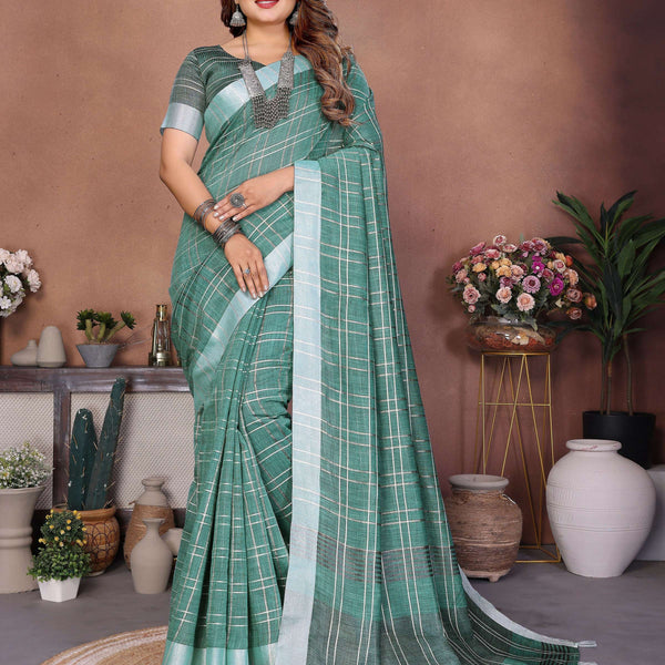 Aastha Fashion Sea Green Linen Weaving Saree - Distacart