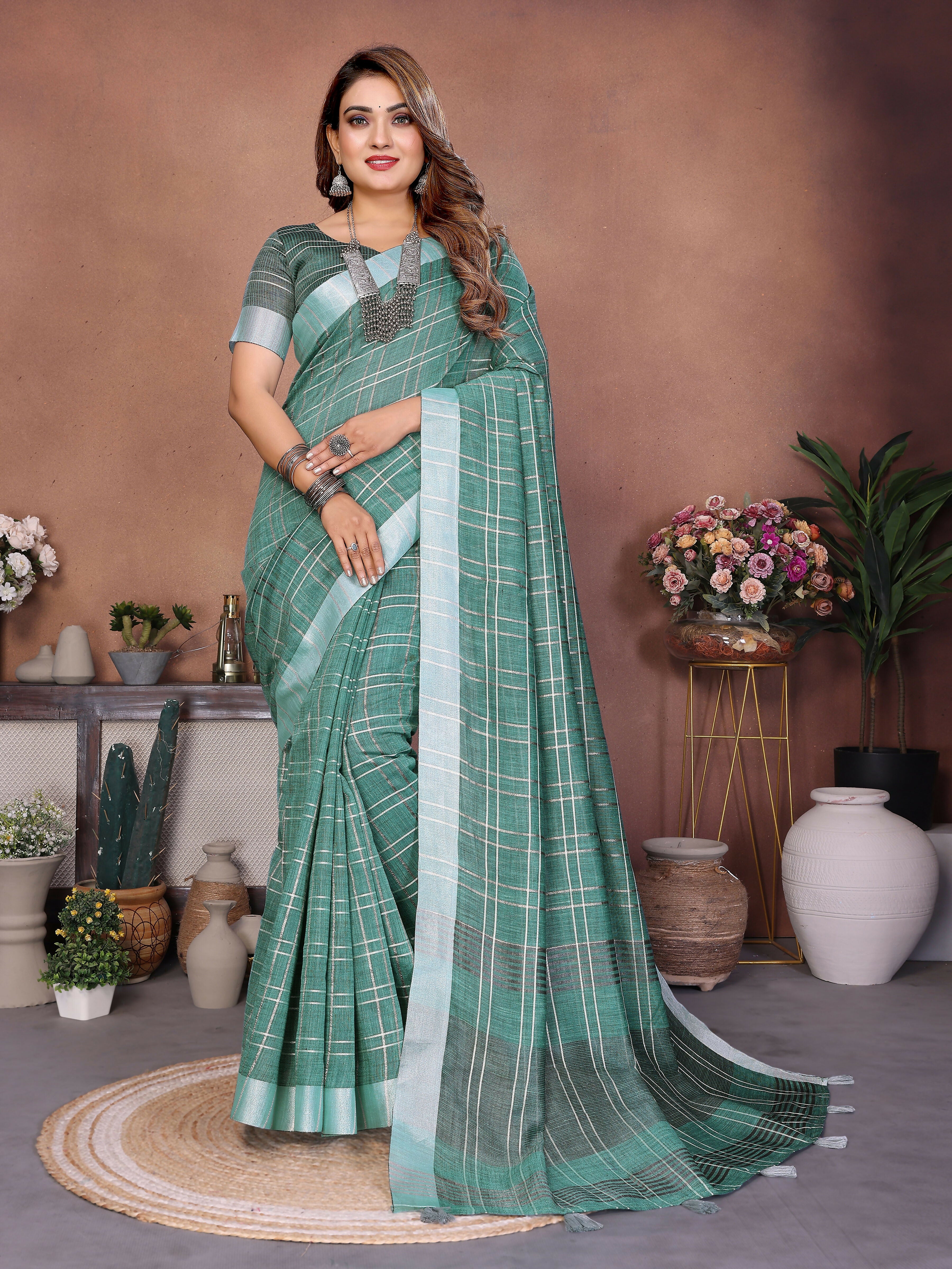 Aastha Fashion Sea Green Linen Weaving Saree - Distacart
