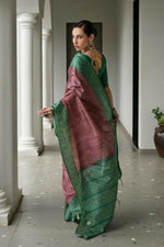 Thumbnail for Vishnu Weaves Women's Green Soft Tussar Silk Printed Saree with Blouse