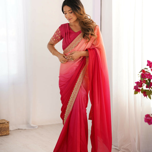 Exclusive Collection Red Pink Party Wear Chinon Salk Saree