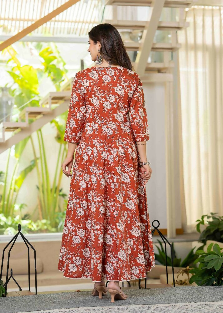 Jaimini Women Cotton Printed Round Neck 3/4 Sleeves Calf Length Flared Kurta Pant And Dupatta Set - Dista
