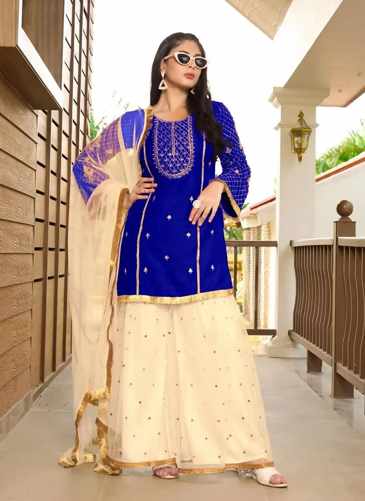 Nikhaar Blue Embroidered Cotton Silk Straight Cut Readymade Pakistani Suit