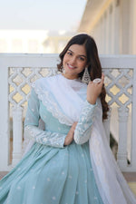 Thumbnail for Jyoti Fashion Women's Turquoise Faux Georgette Sequins Thread Embroidery Anarkali Dress with Dupatta - Distacart