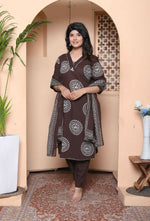 Thumbnail for Miravan Womens Animal Print Cotton Brown Stitched Kurta Palazzo With Dupatta Set - Distacart