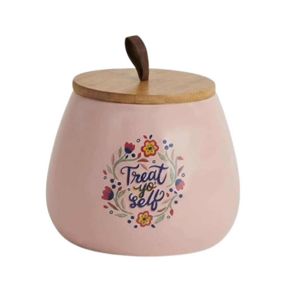 Chumbak Pink Ceramic Storage Jar with Wooden Lid - Dista