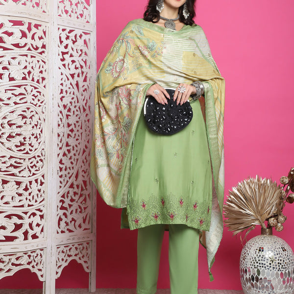 Jyoti Fashion Women's Green Muslin Floral Resham Embroidery Kurta with Trouser & Dupatta - Distacart