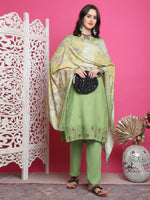Thumbnail for Jyoti Fashion Women's Green Muslin Floral Resham Embroidery Kurta with Trouser & Dupatta - Distacart