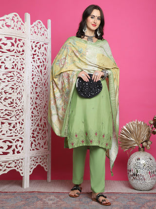 Jyoti Fashion Women's Green Muslin Floral Resham Embroidery Kurta with Trouser & Dupatta - Distacart