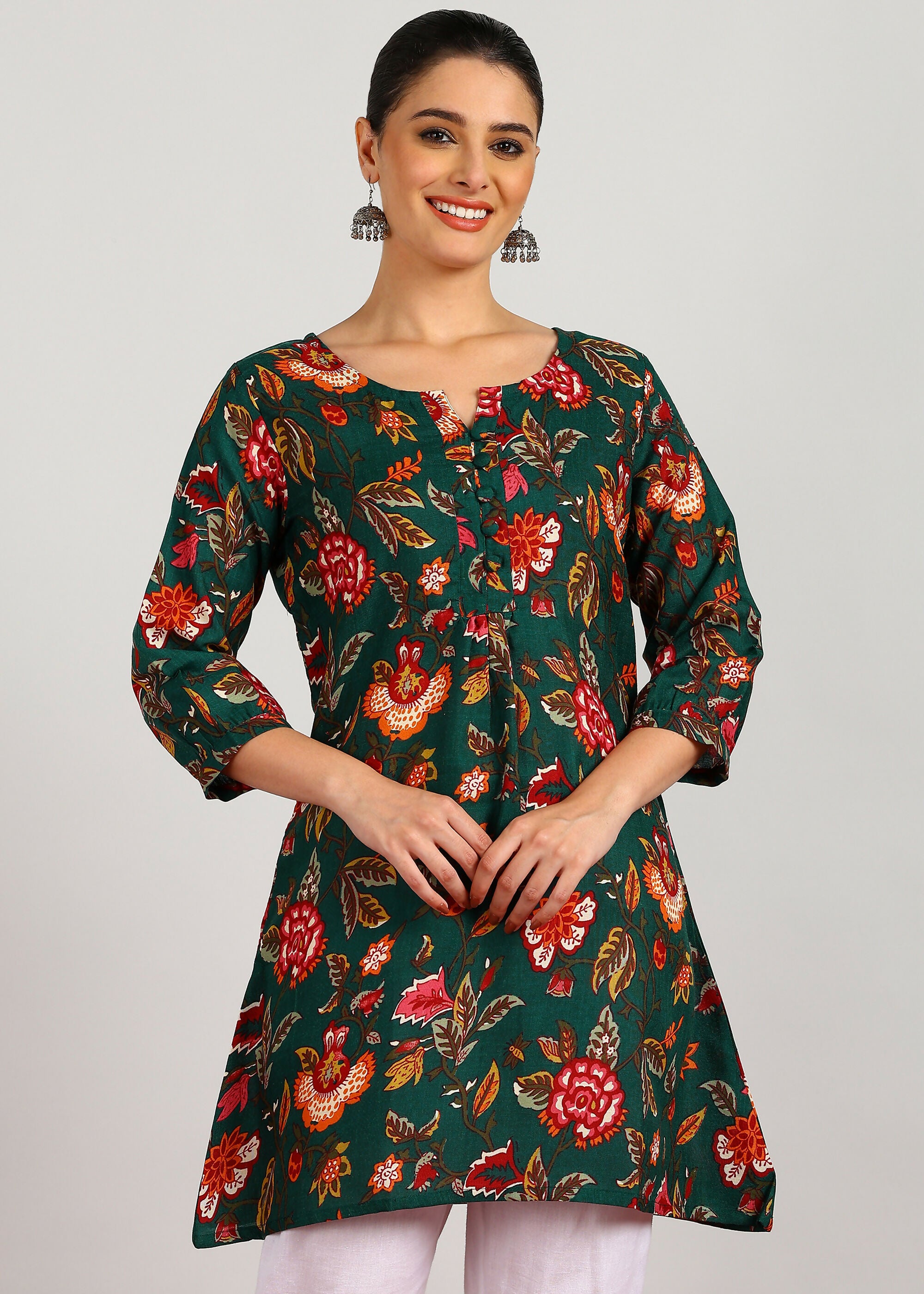 Aavyora Women's Green Floral Printed Flared Tunic