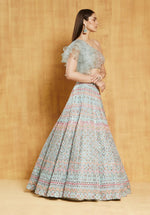 Thumbnail for Jyoti Fashion Light Turquoise Thread, Zari and Paper Mirror Embroidered Organza One Shoulder Bridal Lehenga Choli - Distacart