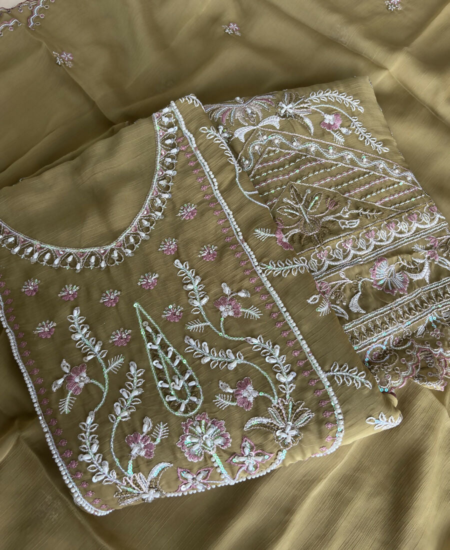 KC Beautiful Mustard Chiffon Silk Hand Embroidery Suit For Women - Dista