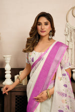 Thumbnail for Vastranavya White Lavender Digital Printed Linen Ready To Wear Designer Saree with Unstitched Blouse - Distacart