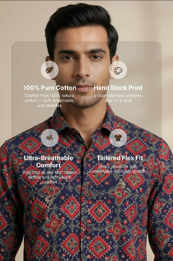 Durbar — Red Ajrakh Cotton Shirt by Hilo Design - Dista