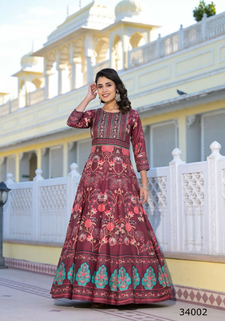 Partywear Designer Maroon Dola Silk Anarkali suit with Dupatta - Suzen - Distacart