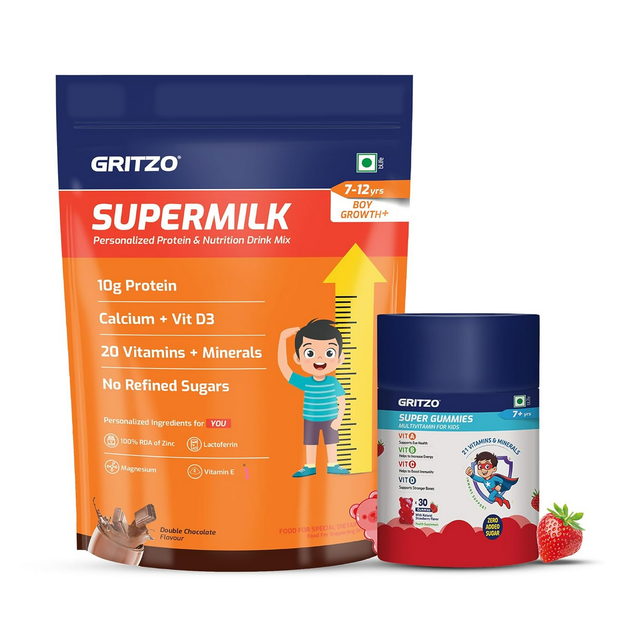 Gritzo SuperMilk Growth+ (Formerly Height+) (7-12y Boys) - Double Chocolate, with Super Gummies - Strawberry - Distacart