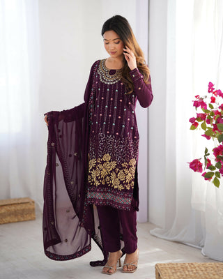 Joban Fashion Deep wine purple Kurta set with Pant Georgette Thread with Sequins work