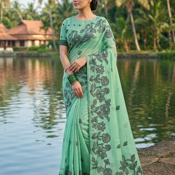 Shree Shyam Fashion Rama Green Linen Cotton Saree - Distacart