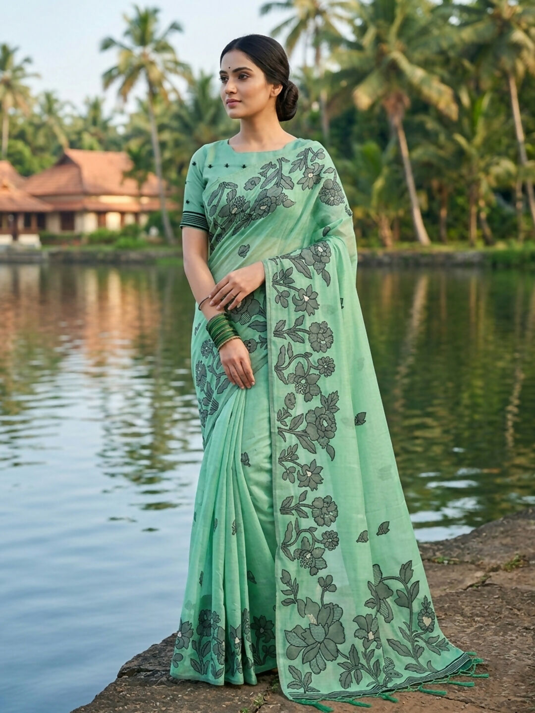 Shree Shyam Fashion Rama Green Linen Cotton Saree - Distacart