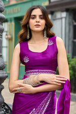 Thumbnail for Vastranavya Purple Embroidery Work Shimmer Chiffon Saree with Unstitched Blouse