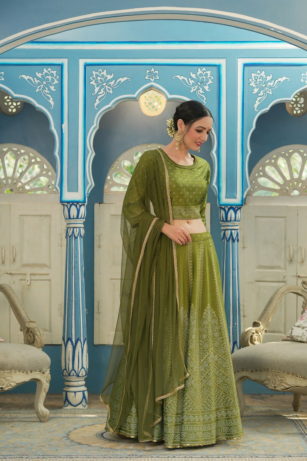 Juniper Green Bandhani Printed Shantoon Slub Lehenga Choli & Net Dupatta Set. - Distacart