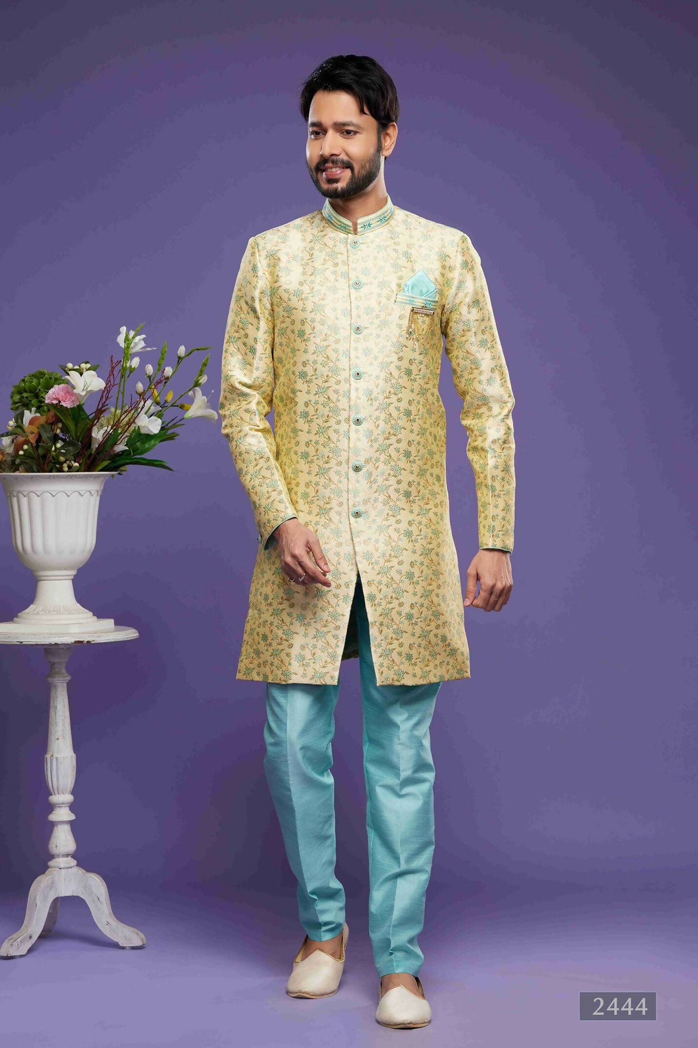 Raivat Ethnic Banarasi Jacquard Embroidery Semi Indo Western Sherwani In Gold Colour