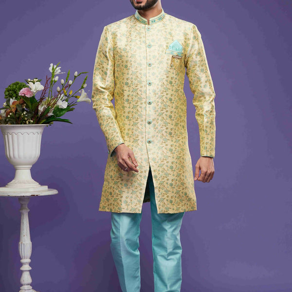 Raivat Ethnic Banarasi Jacquard Embroidery Semi Indo Western Sherwani In Gold Colour