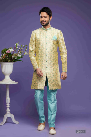 Raivat Ethnic Banarasi Jacquard Embroidery Semi Indo Western Sherwani In Gold Colour