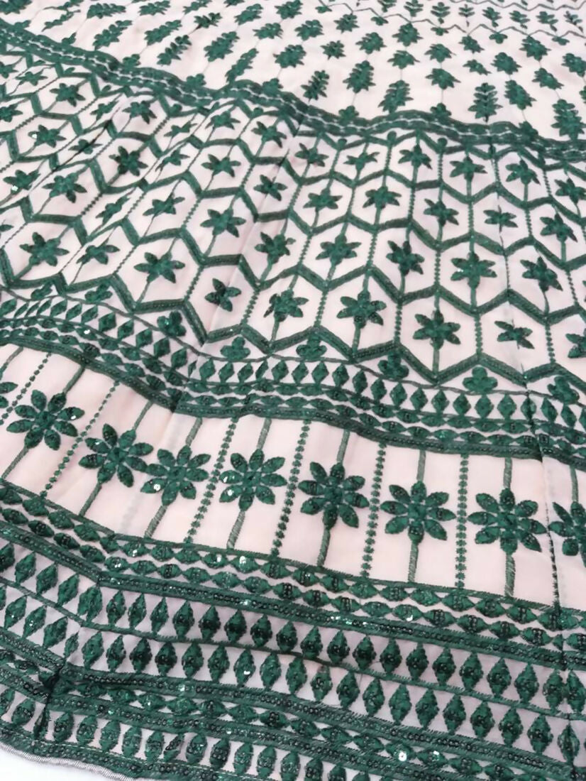 Jyoti Fashion Teal Green & Cream 3mm with Thread Embroidery Georgette Lehenga Choli with Dupatta - Distacart
