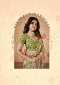 Thumbnail for Green Net Sequence & Cord Embroidered Saree - Mohmanthan Dakshika - Distacart