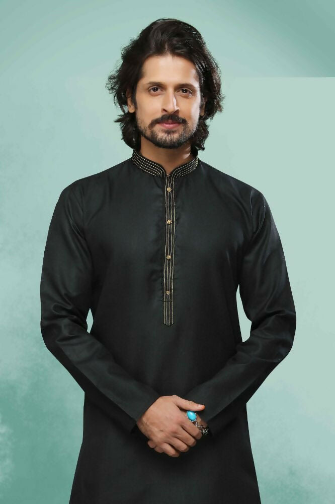 Raivat Ethnic Cotton Pintux Work Kurta Pajama In Black Colour - Dista