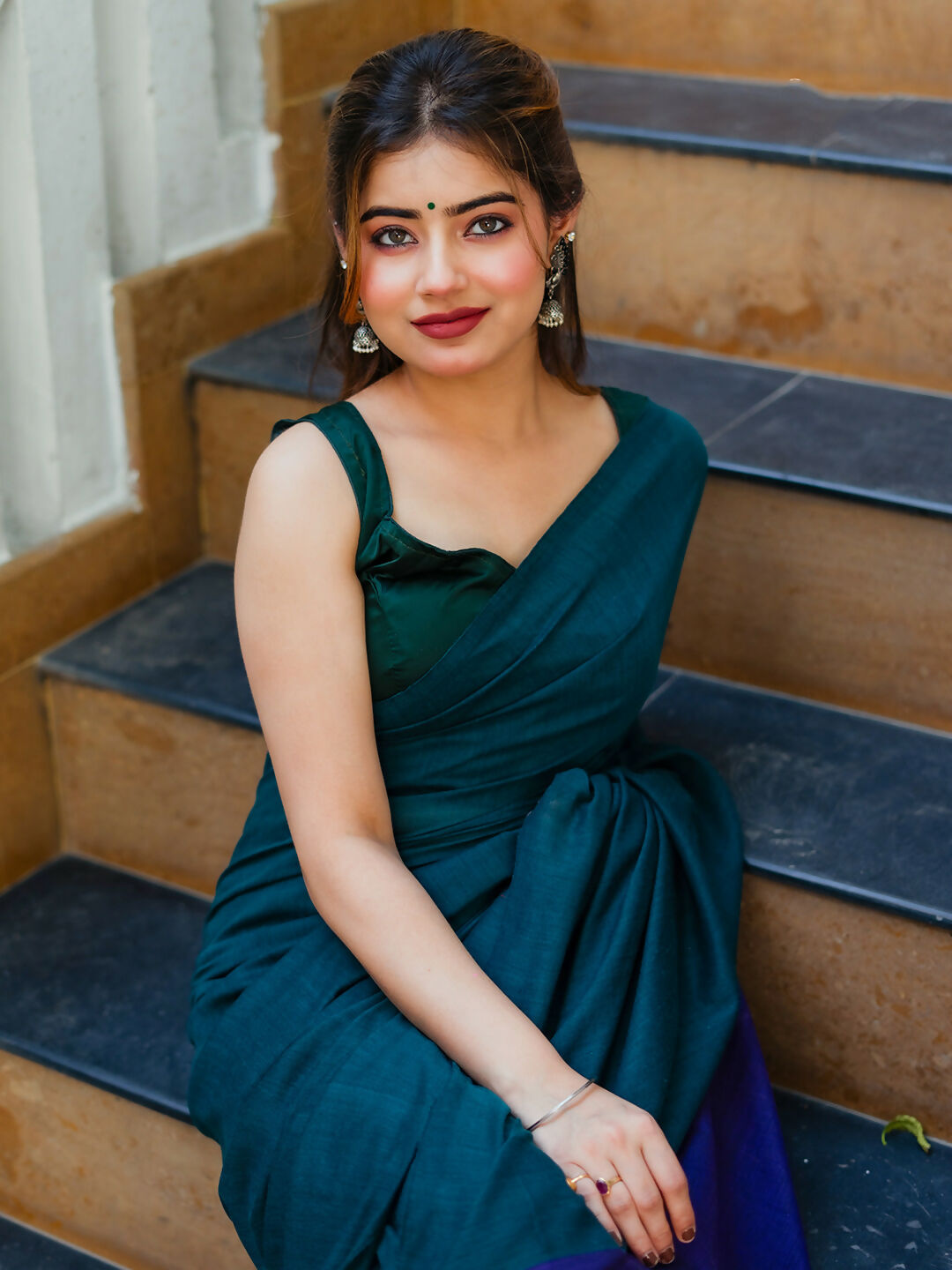 Zibaa Hand-Dyed Mul Cotton Peacock Green Saree with Tassels