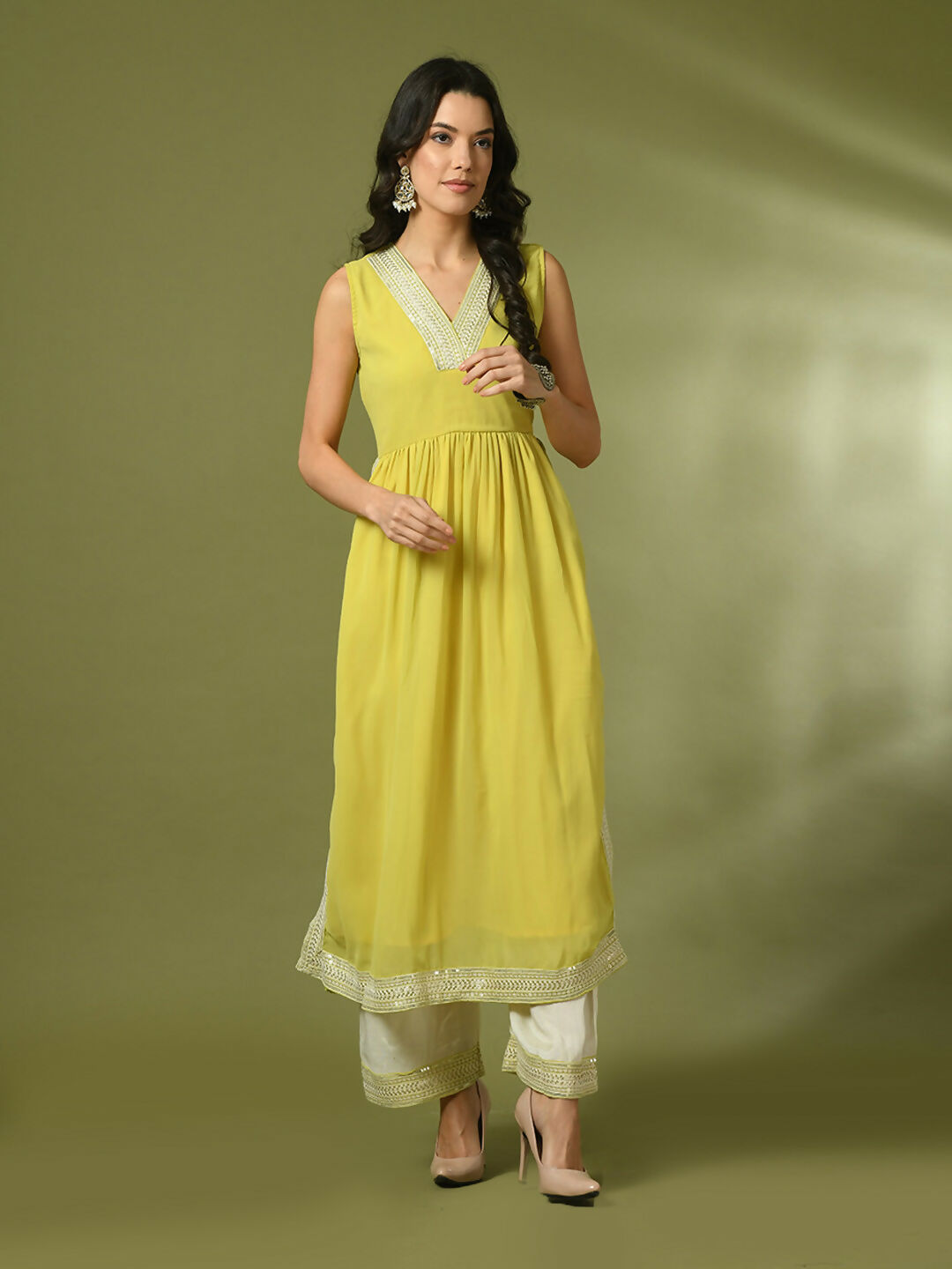 Myshka Women's Yellow Solid Georgette Anarkali Party Kurta Set - Distacart