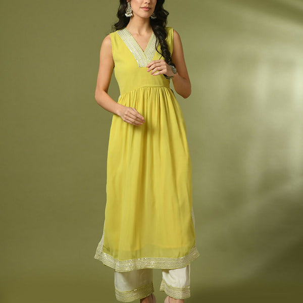 Myshka Women's Yellow Solid Georgette Anarkali Party Kurta Set - Distacart