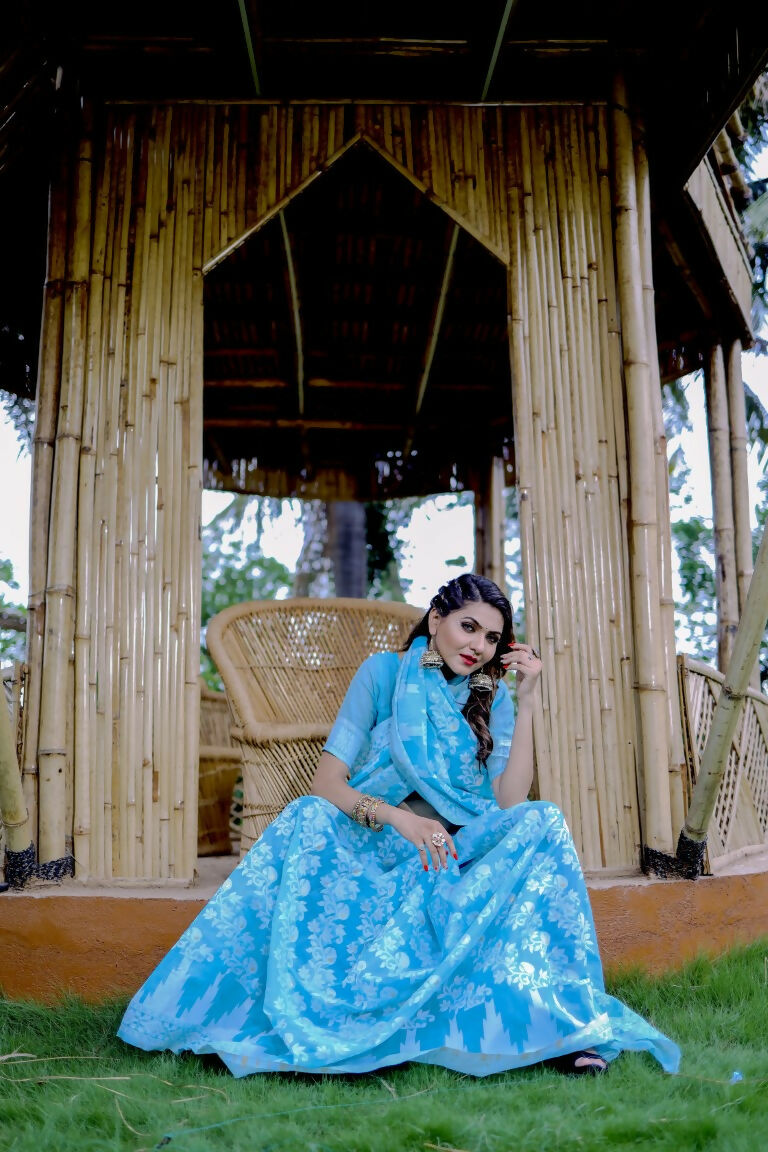 Partywear Designer Sky Blue Jamdani contton Fancy Saree - Starwalk - Distacart