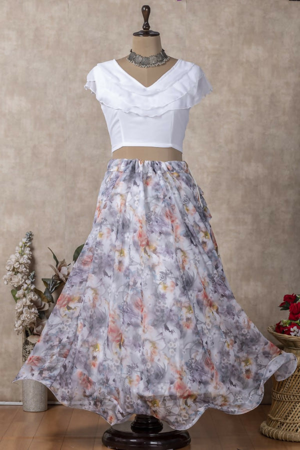 Preksha Creation Indian Festive Georgette Digital Print Women Lehenga Choli And Crop Top - White - Distacart
