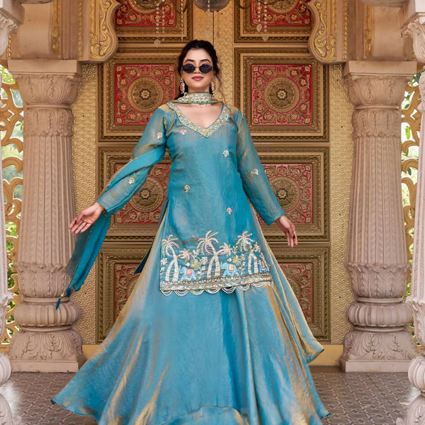 Teeya Creation Womens New Stylish Moti Beads With Cording Sequence Thread Embroidery Work Aqua-Blue Kurta Set - Dista