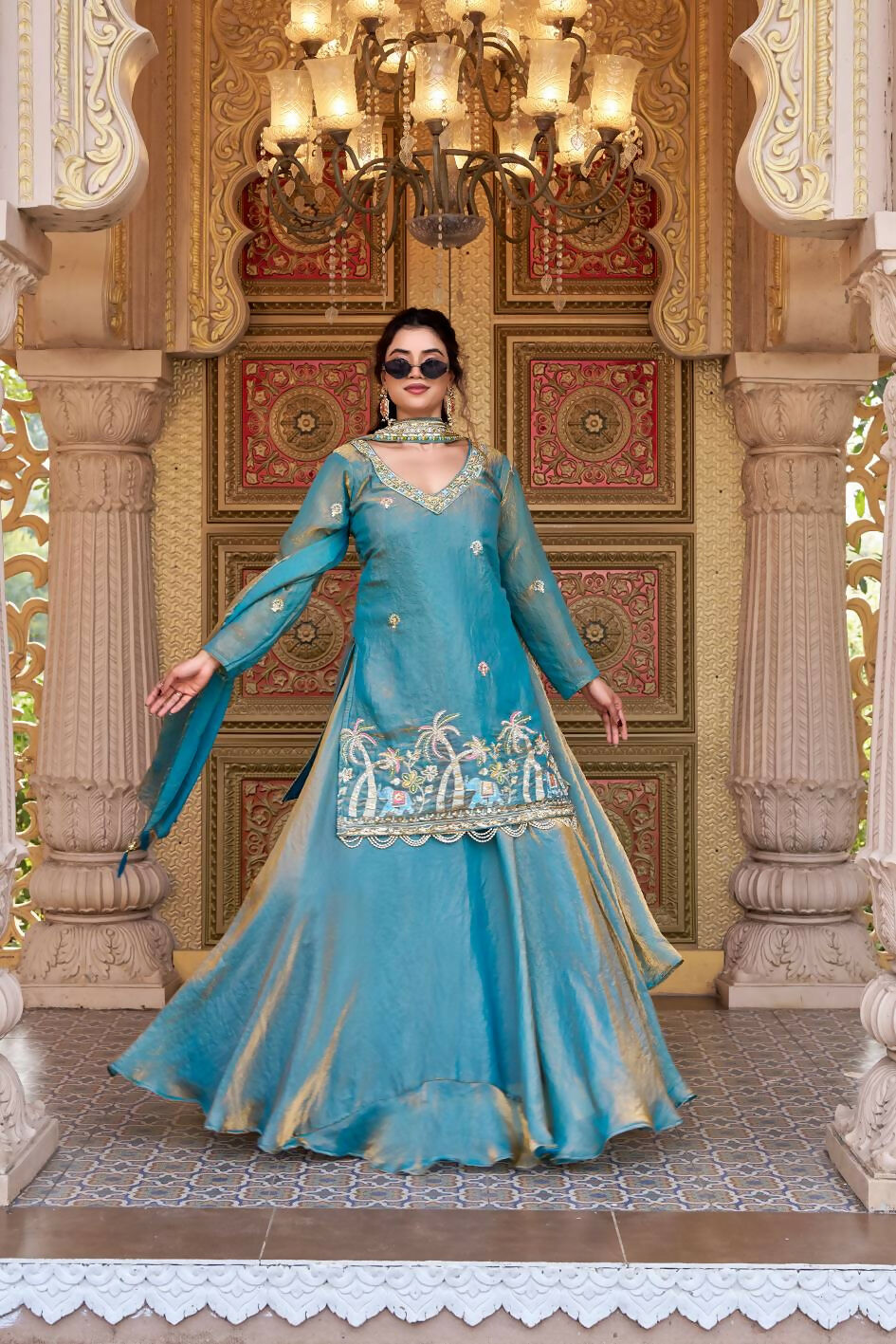 Teeya Creation Womens New Stylish Moti Beads With Cording Sequence Thread Embroidery Work Aqua-Blue Kurta Set - Dista